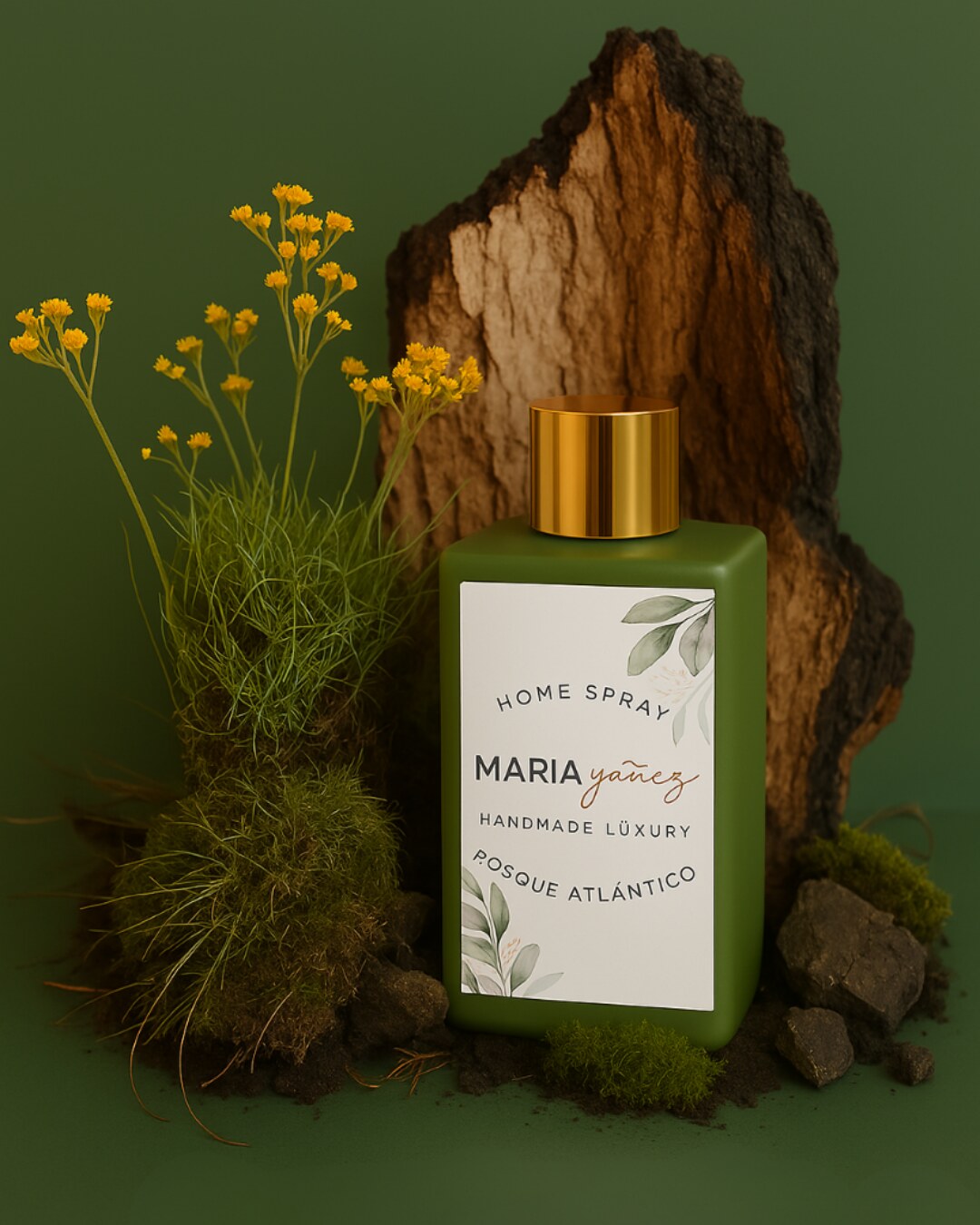 Frasco verde da coleção Bosque Atlántico entre musgos, flores e madeira