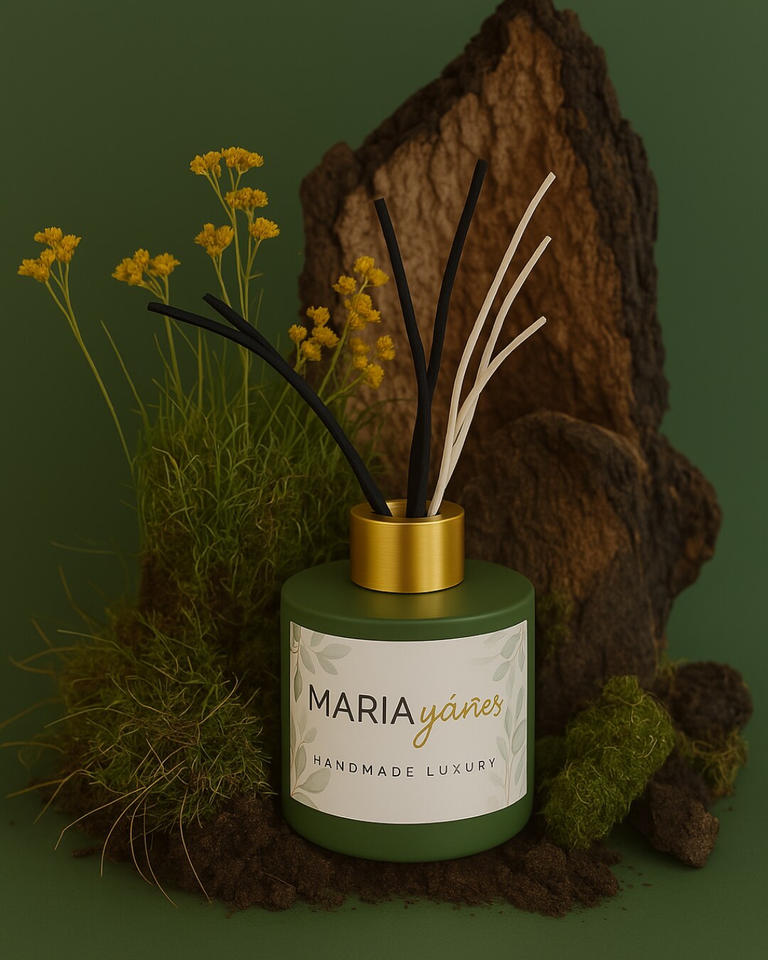 Difusor Bosque Atlántico entre madeira, musgo e flores amarelas